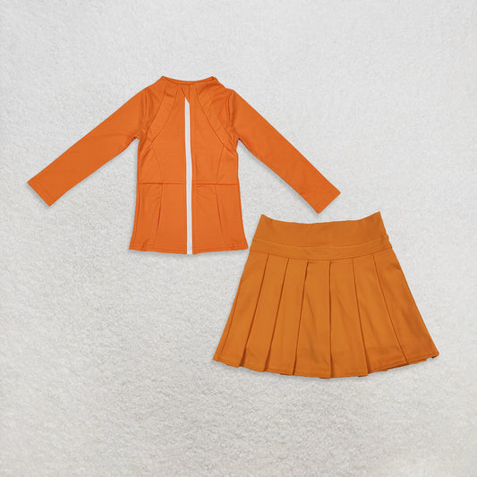 10.31 RTS NO MOQ （In stock）GT0825 + GLK0109 Baby Girls Orange Zipper Pockets Jackets Skirt Shorts Yoga Active Clothes Sets