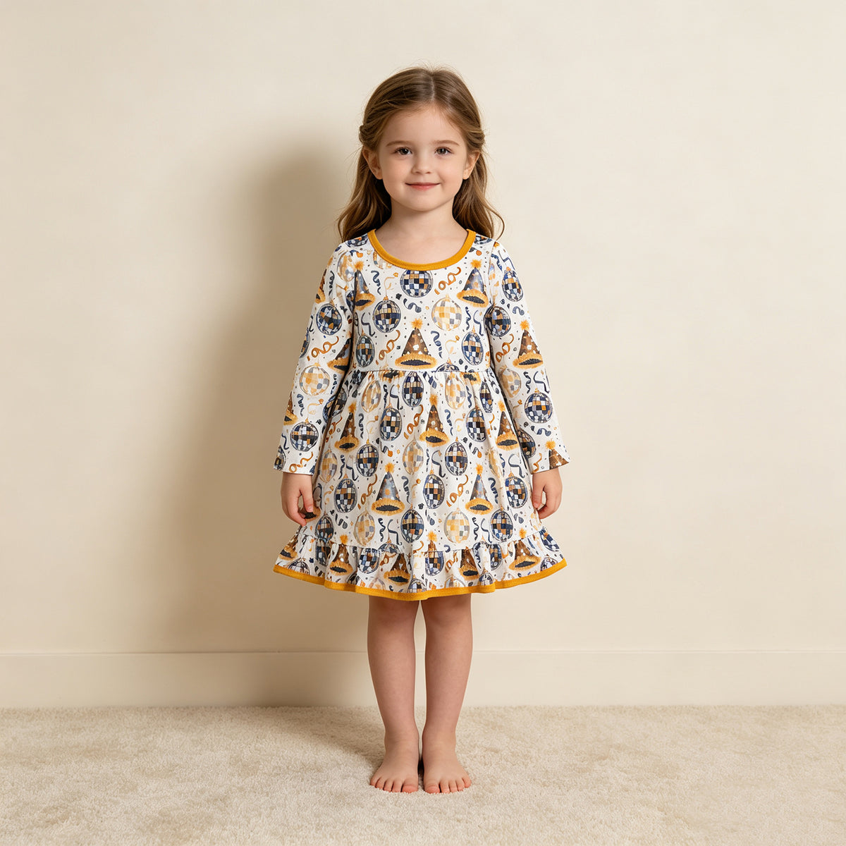 RTS NO MOQ （In stock）milk silk GLD1723 Baby Girls Stars Lights Happy New Year Ruffle Knee Length Dress