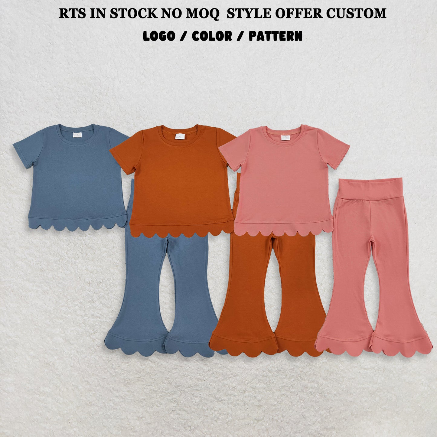 RTS NO MOQ Sibling cotton Baby Girls Solid Color Short Sleeve Top Flare Pant Scallop Clothes Sets Spring Summer Casual Outfit
