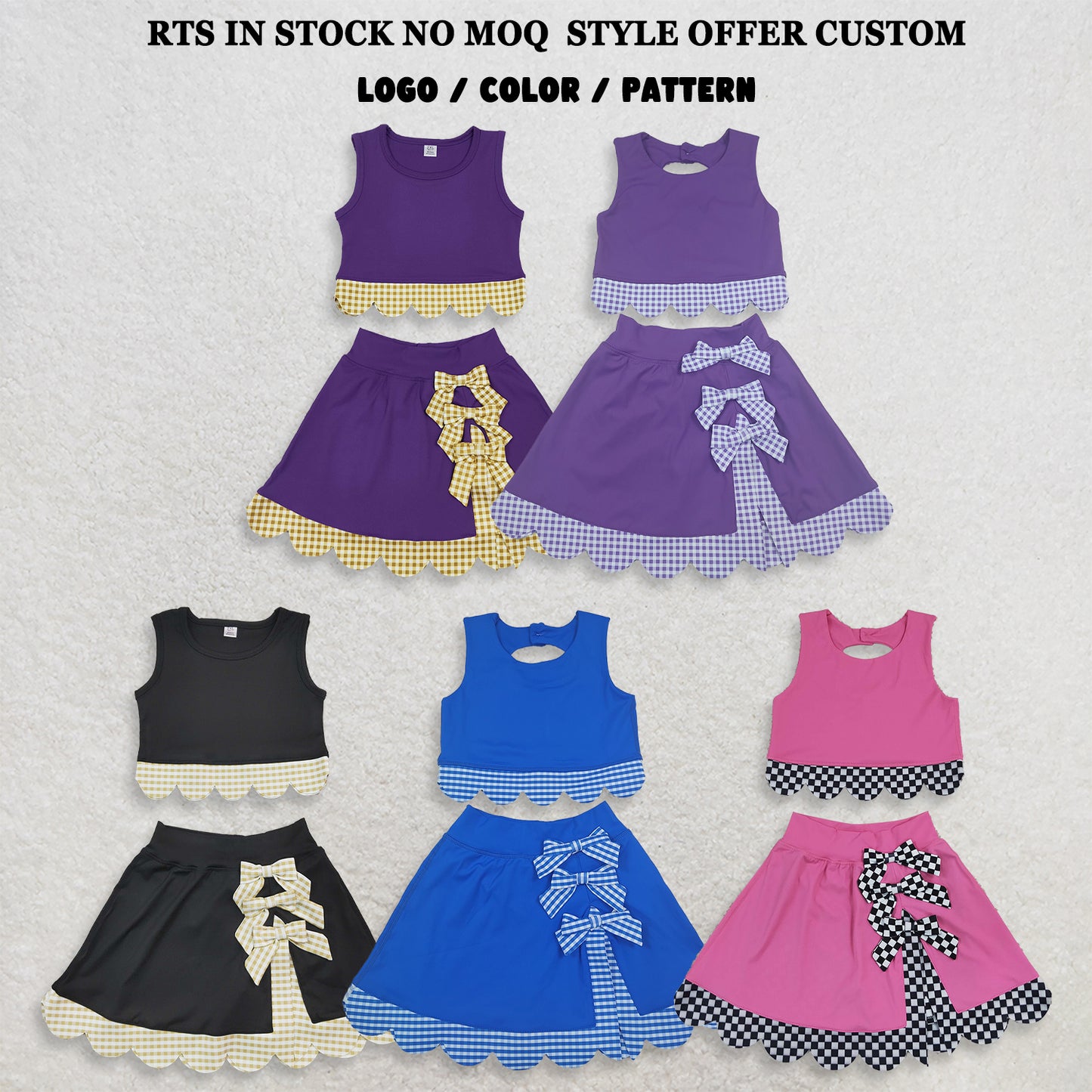 RTS NO MOQ Sibling yoga fabric Baby Girls Vest Bows Skirt Short Yoga Active Scallop Clothes Set Bow Scallop Edge Skort Girls Active Wear