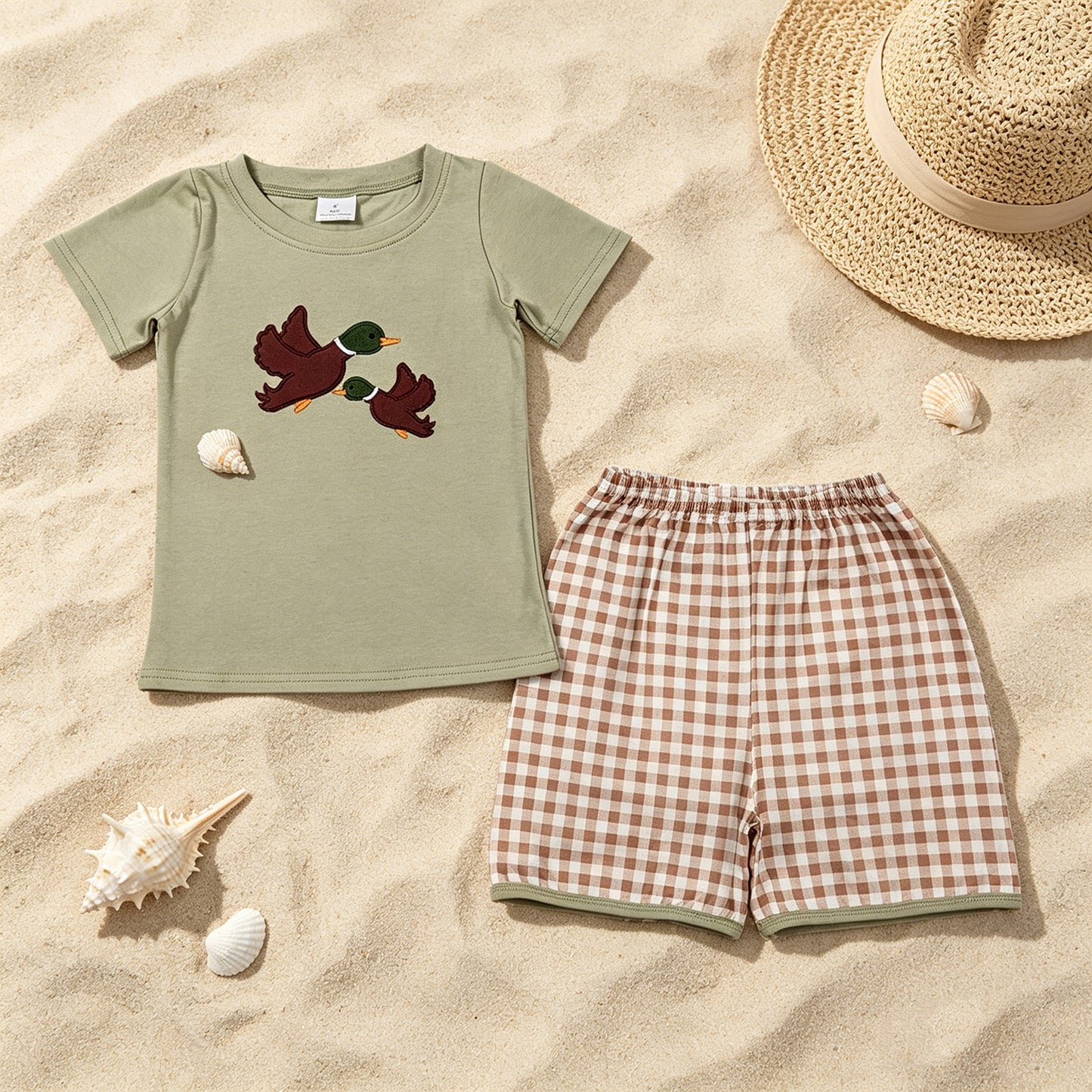 BSSO1867 RTS NO MOQ （In stock ）Short sleeves duck embroidery top plaid shorts boys outfits