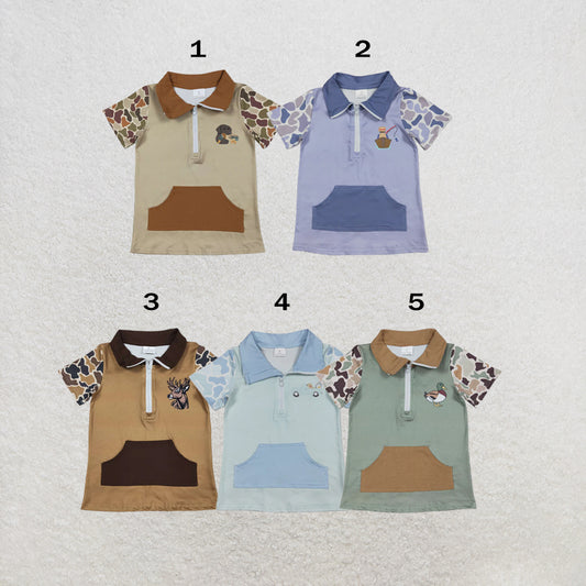 RTS Sibling Baby Boys Short Sleeve Southern Camo Zipper Pockets Deer Dogs Hunting Pullovers Top