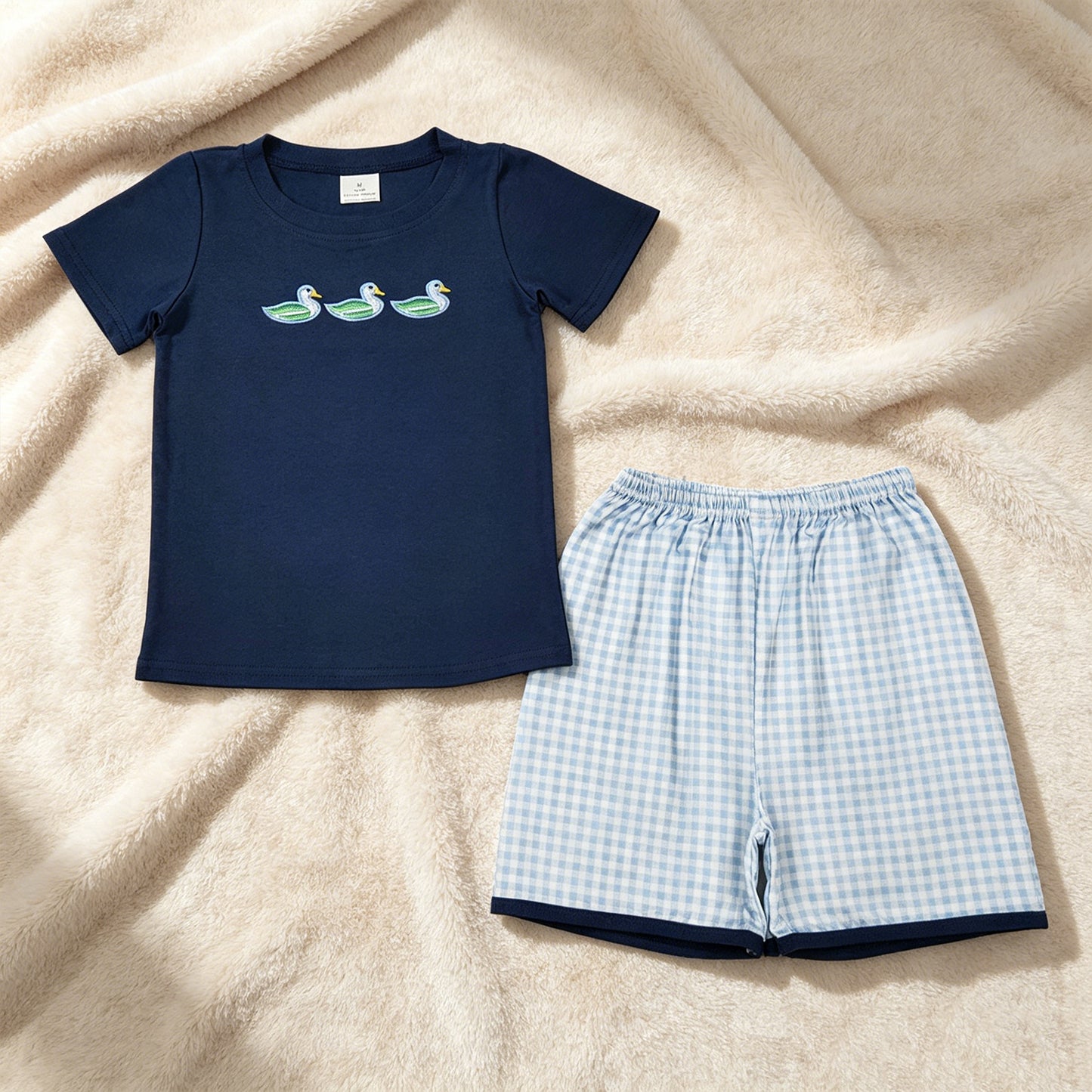 BSSO1938 RTS NO MOQ （In stock）Baby Boys Navy Ducks Top Checked Short Hunting Clothes Sets