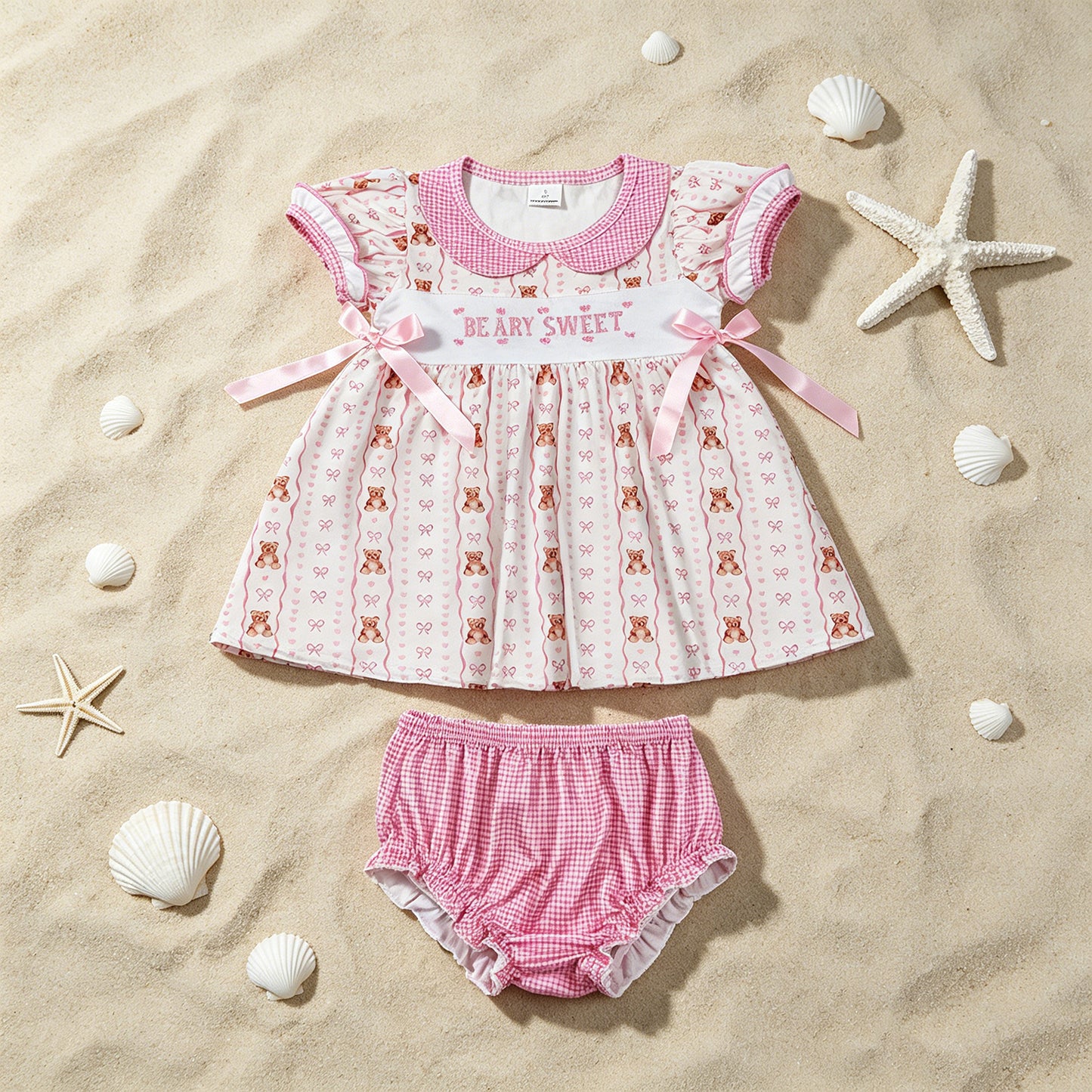 GBO0520 RTS NO MOQ （In stock）Embroidery Be Ary Sweet Baby Girls Heart Bears Stripe Tunic Bummies Clothes Sets