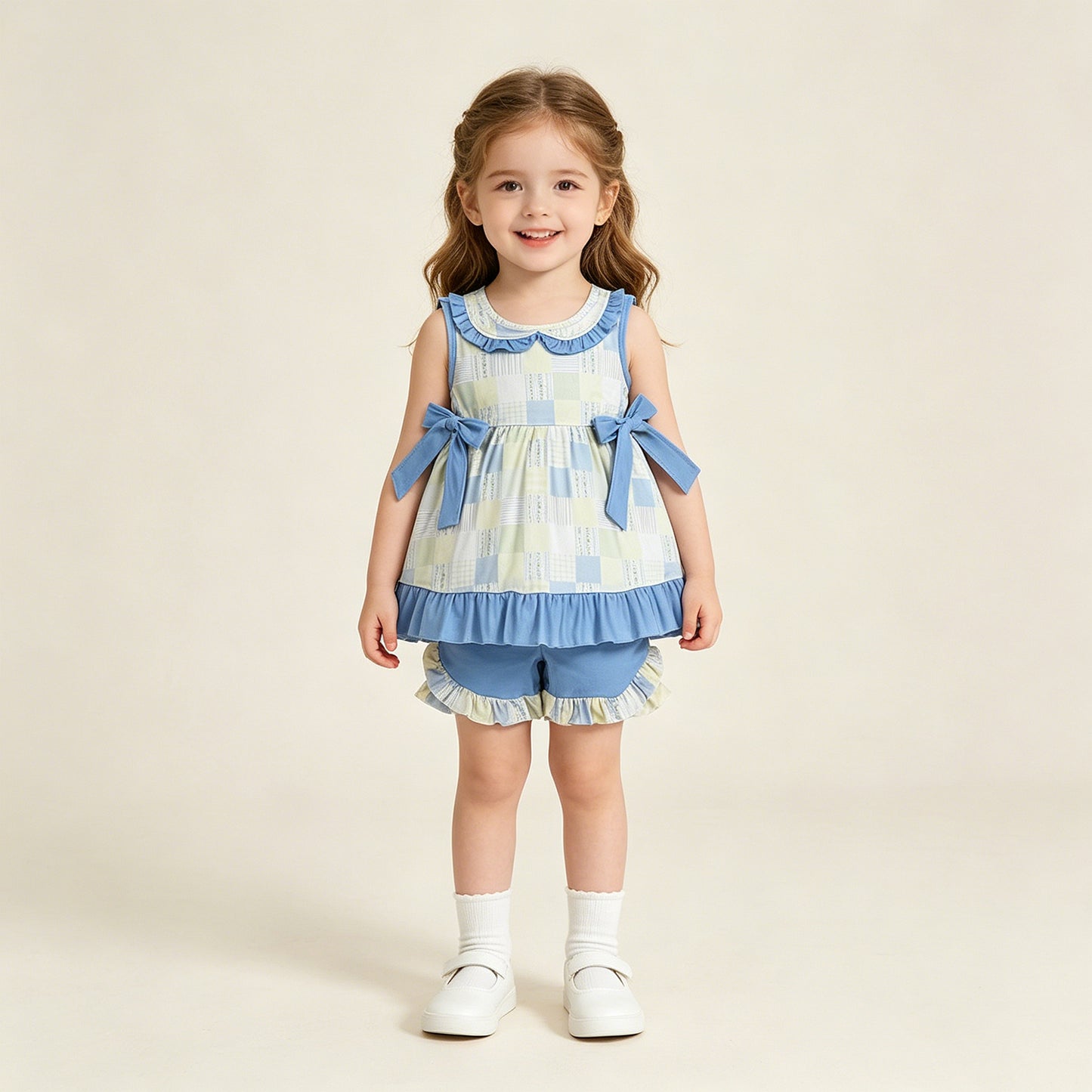 GSSO3439 RTS NO MOQ （In stock ）Sleeveless bow patchwork plaid tunic shorts girls outfits