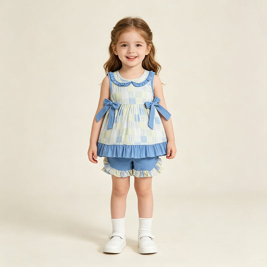 GSSO3439 RTS NO MOQ （In stock ）Sleeveless bow patchwork plaid tunic shorts girls outfits