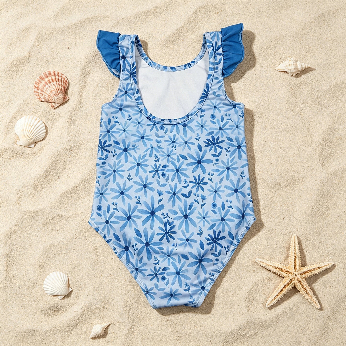 S0515 RTS NO MOQ （In stock ）Blue flutter sleeves floral baby girls summer swimsuit