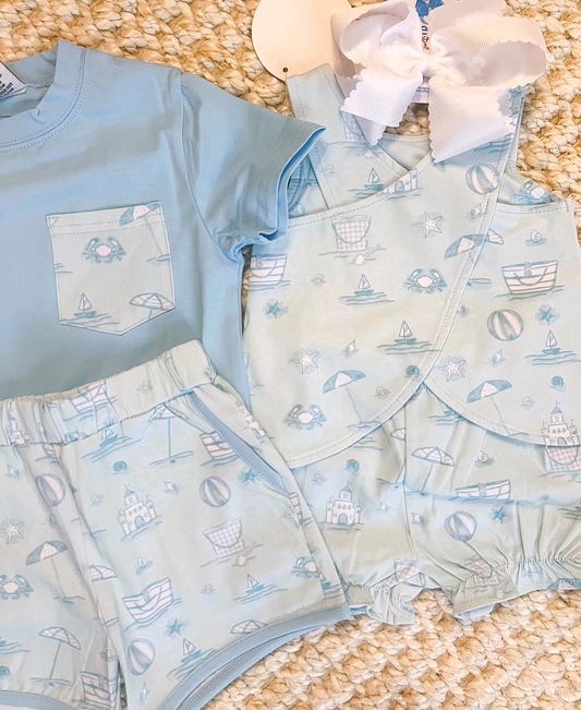 Light Blue Pocket Top Beach Ball Shorts Outfit for Boys Casual Kids Clothing Set