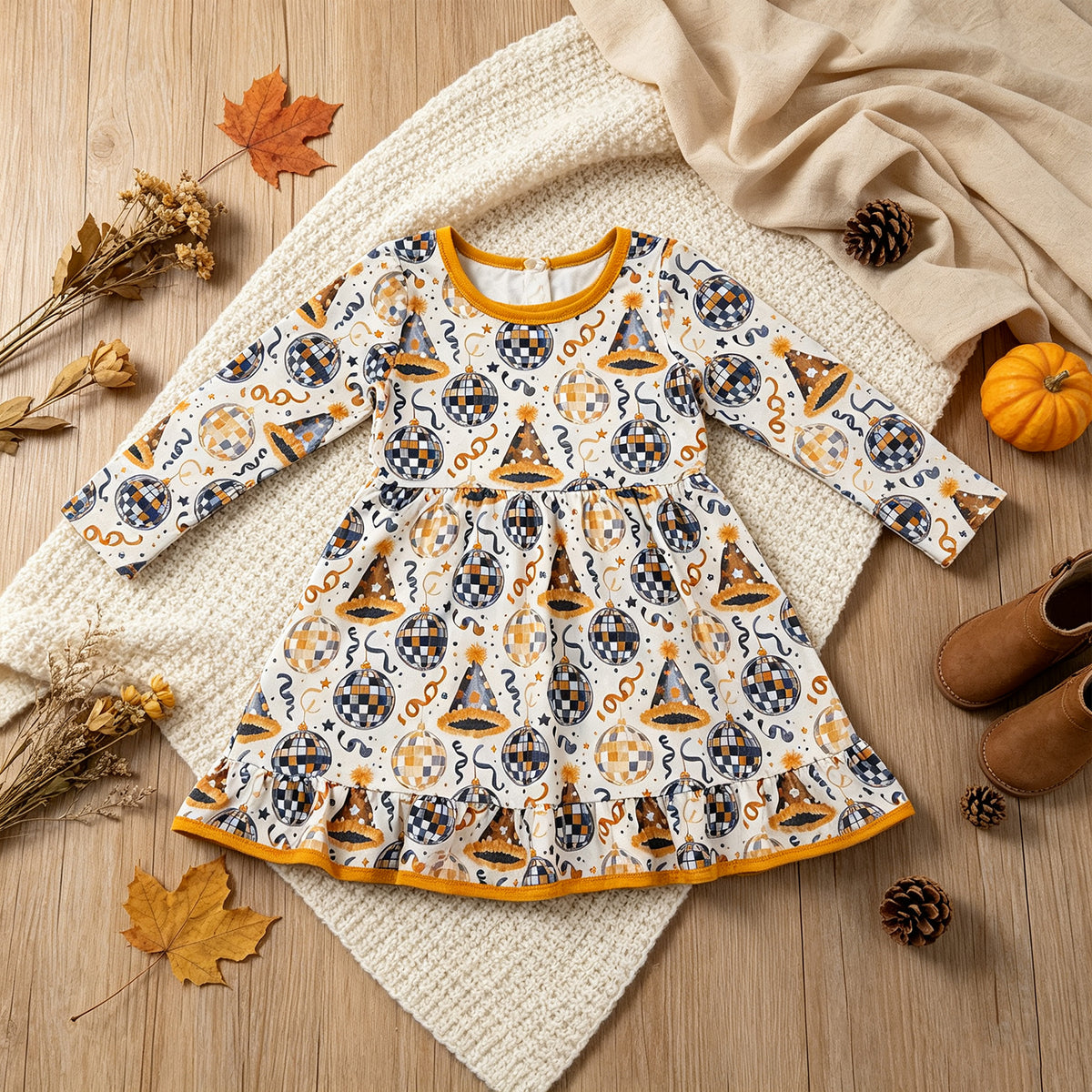 RTS NO MOQ （In stock）milk silk GLD1723 Baby Girls Stars Lights Happy New Year Ruffle Knee Length Dress