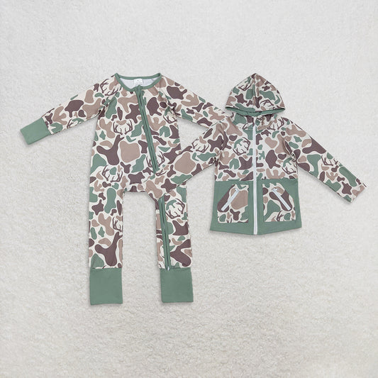 9.30 RTS Sibling Baby Boys Green Khaki Deer Camo Pockets Zipper Hoodie Jackets Zipper Rompers