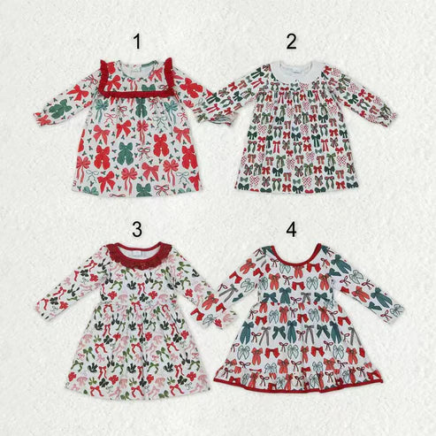 9.24 RTS Sibling Baby Girls Green Red Bows Long Sleeves Christmas Knee Length Dresses