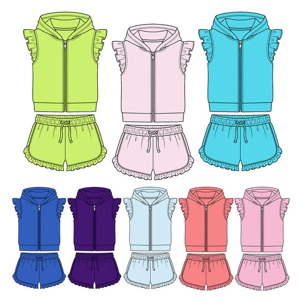 4.7 Pre order No Moq Baby Girls Zipper Hoodie Jacket Ruffle Shorts Clothes Set