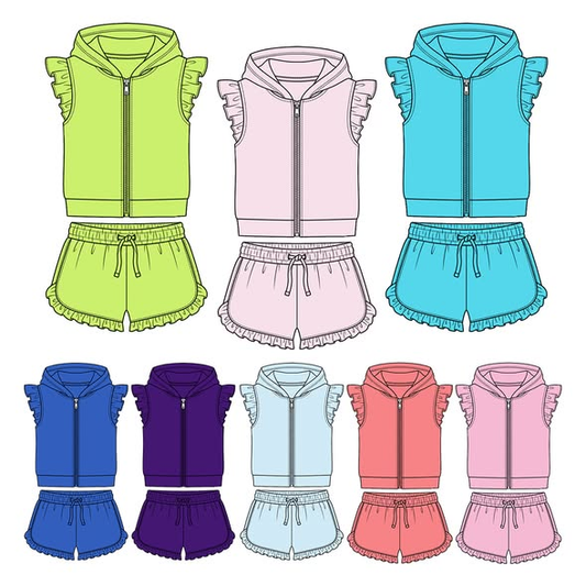 4.7 Pre order No Moq Baby Girls Zipper Hoodie Jacket Ruffle Shorts Clothes Set