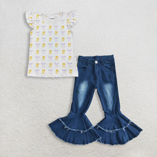 3.9 RTS NO MOQ （In stock）GT1147 + P0003 Baby Girls Yellow Lavender Bows Plaid Tee Shirts Top Denim Pants Jeans Clothes Sets