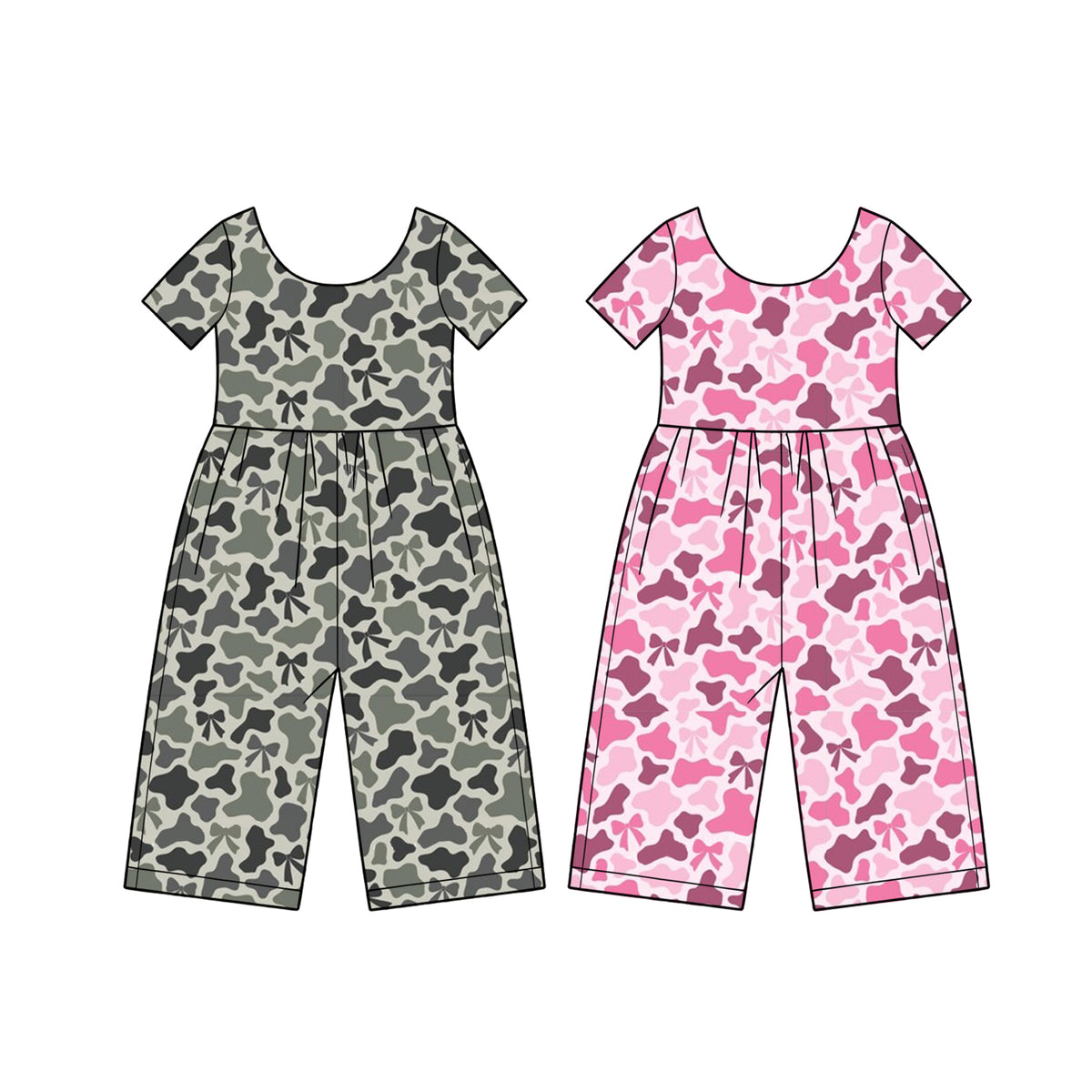 (Preorder new) No moq Baby Girls Camo Print Jumpsuit Cute Bow Print Short Sleeve Wide Leg Kids Outfit