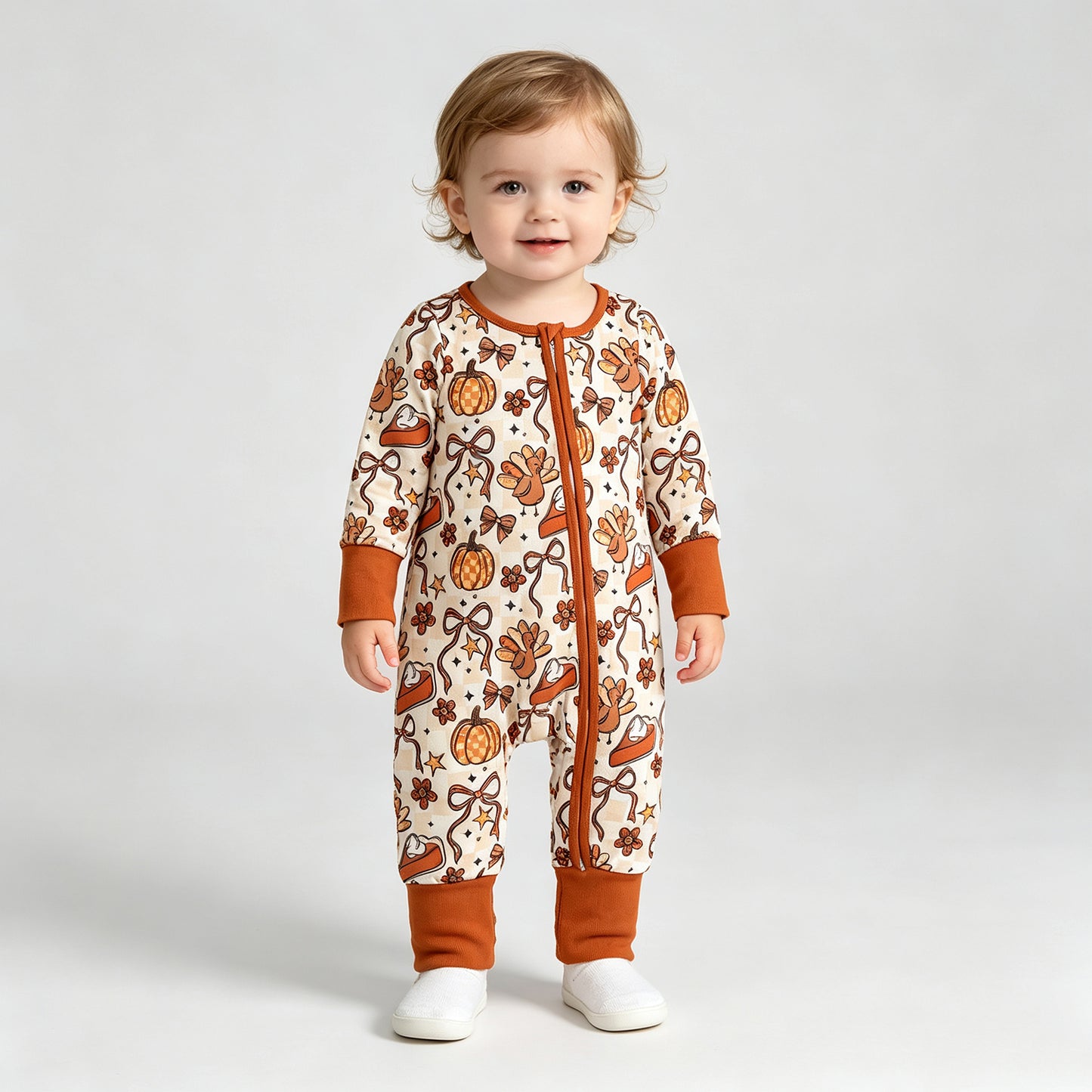 LR3119 RTS NO MOQ （In stock）Pumpkin pie turkey bow baby girls Thanksgiving zipper romper