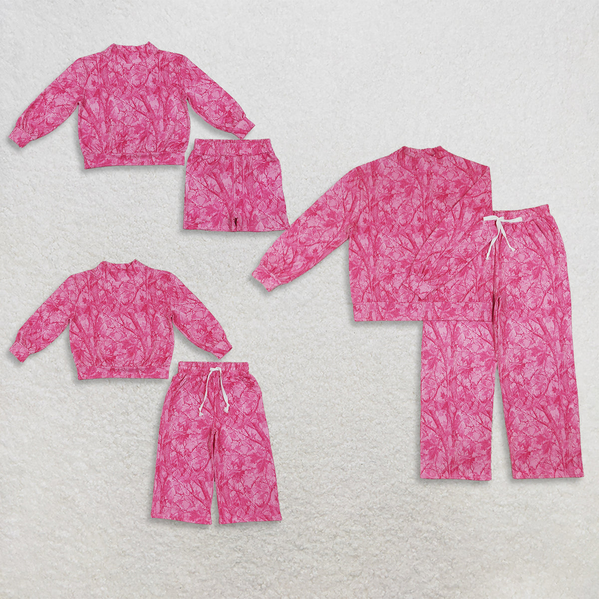 RTS NO MOQ milk silk Sibling Adult Women  And Baby GirlsPink Leaves Camo Top Pockets Flare Pants Clothes Sets