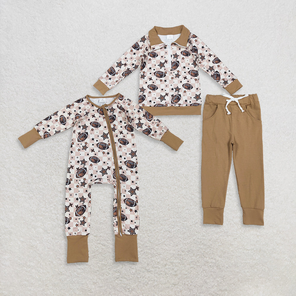 RTS Sibling Baby Boys Football Plaid Stars Zipper Pullover Pants Outfit Rompers Comfortable Sportswear for Kids