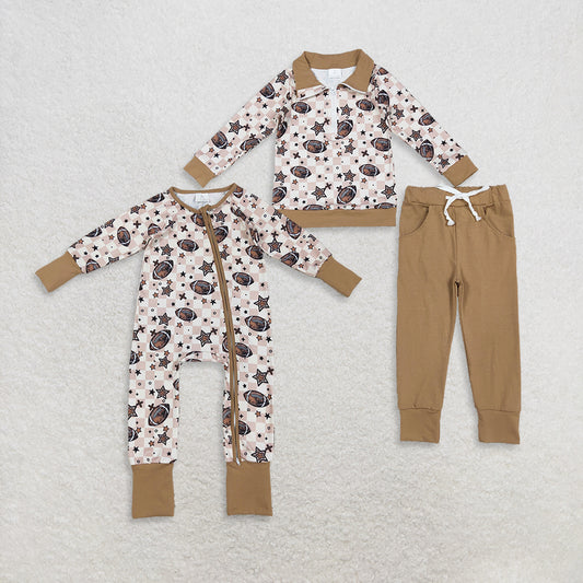 RTS Sibling Baby Boys Football Plaid Stars Zipper Pullover Pants Outfit Rompers Comfortable Sportswear for Kids
