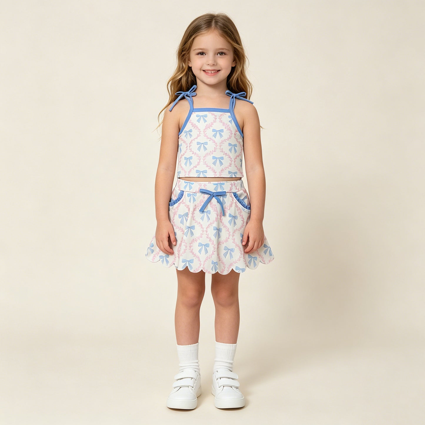 GSD3727 RTS NO MOQ （In stock）Light blue straps bow top skirt kids girls active outfits