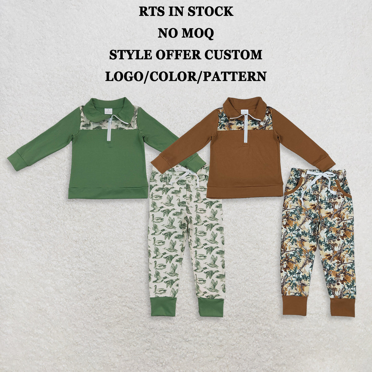 RTS NO MOQ Sibling milk silk Long sleeves zipper pullover pants boys outfits