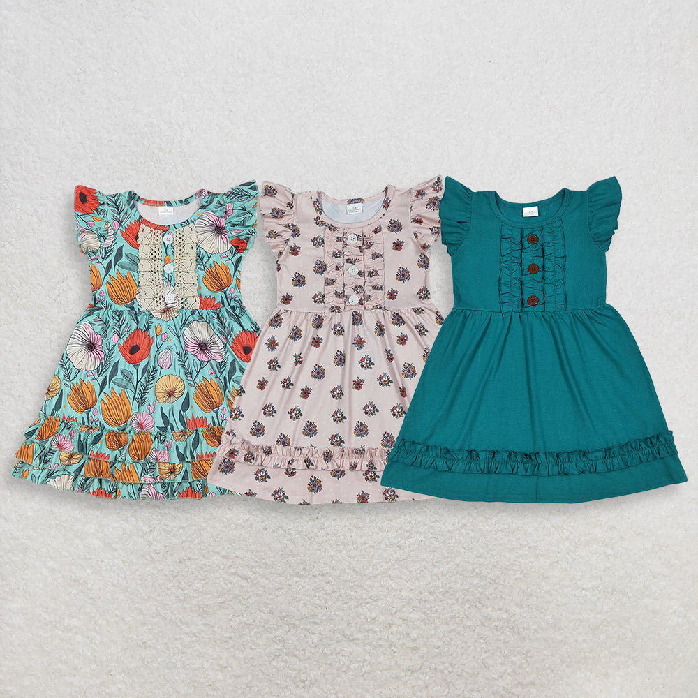 4.11  RTS NO MOQ （In stock ）Baby Girls Flutter Sleeve Flowers Button Ruffle Knee Length Dresses