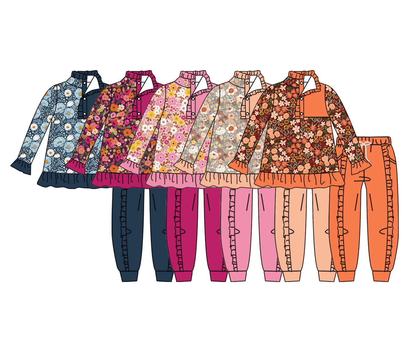 4.17 Pre order No Moq Baby Girls Colorful Flowers Button Ruffle Pullover Top Jogger Hunting Clothes Sets