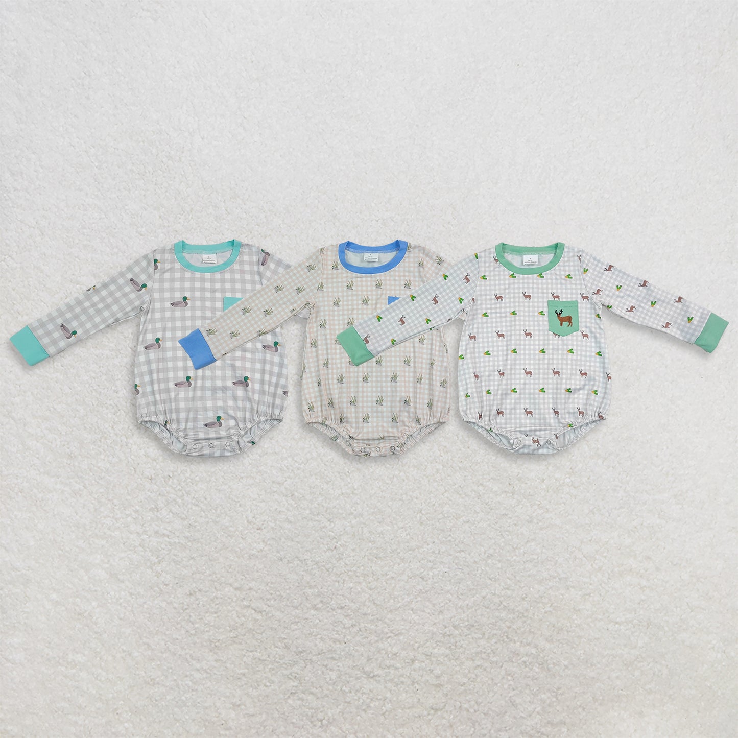 RTS NO MOQ Sibling Embroidery Duck Pocket Baby Boys Long Sleeve Checked Hunting Rompers