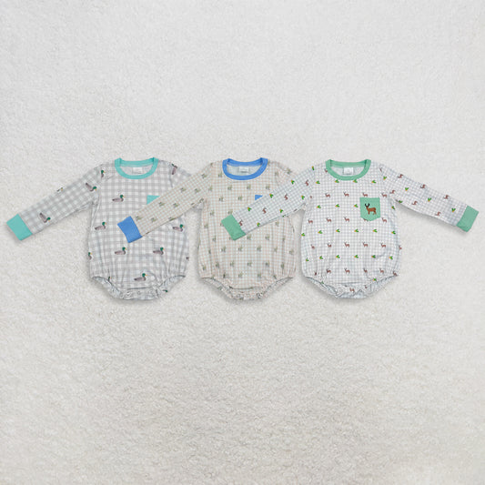 RTS NO MOQ Sibling Embroidery Duck Pocket Baby Boys Long Sleeve Checked Hunting Rompers