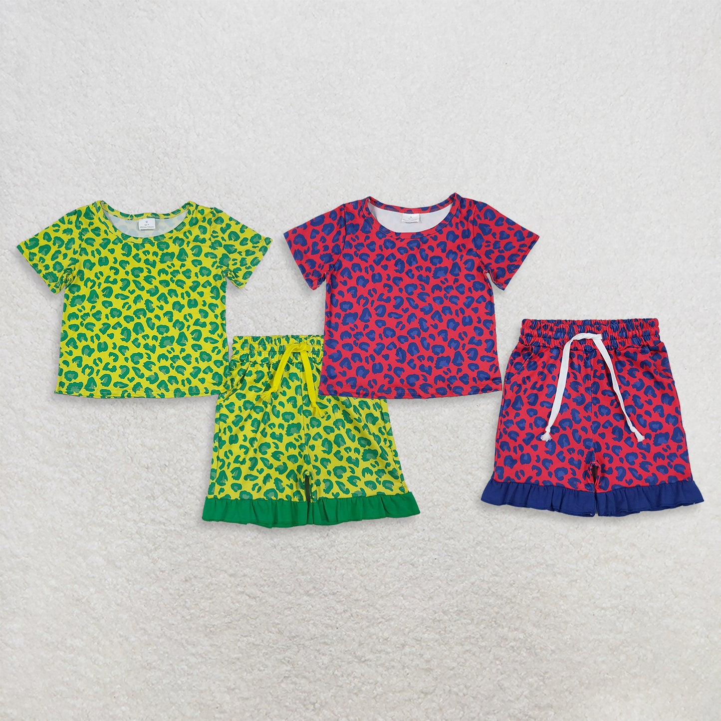 RTS Sibling milk silk Baby Girls Leopard Print Short Sleeve Top Ruffle Hem Shorts Summer Set