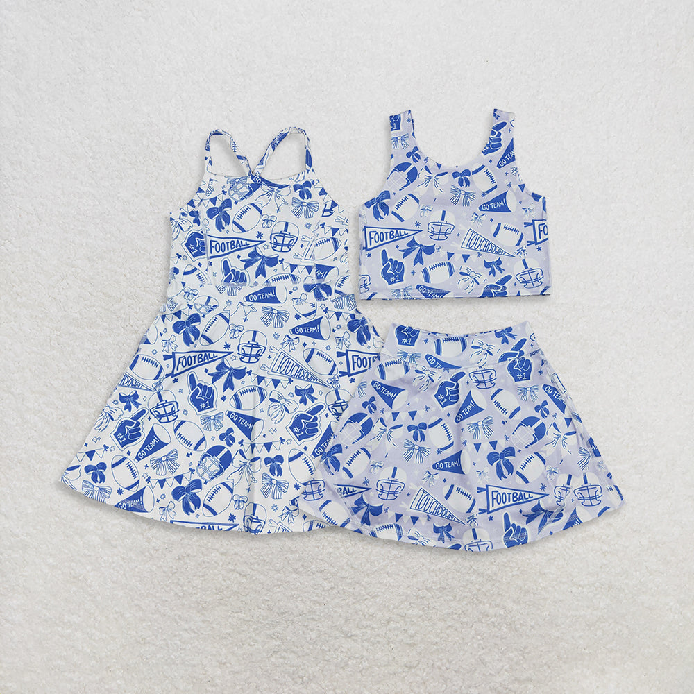 RTS Sibling Baby Girls Blue Bow Football Top Skirt Set Activewear Team Dress Sports Uniform Top Skirt Combo for Female Athletes