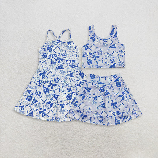 RTS Sibling Baby Girls Blue Bow Football Top Skirt Set Activewear Team Dress Sports Uniform Top Skirt Combo for Female Athletes