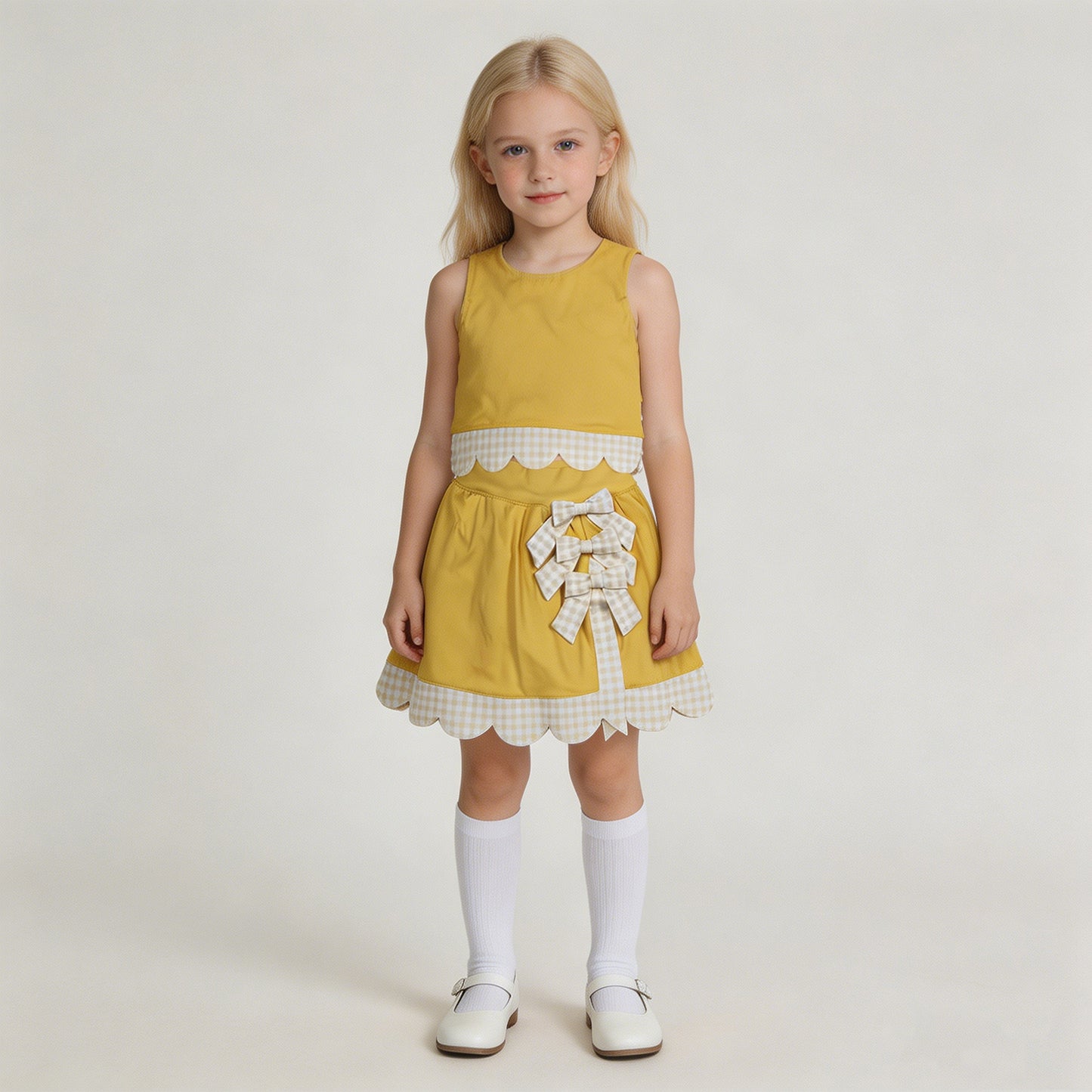 GSD3324 RTS NO MOQ （In stock）Yellow sleeveless bow scallop kids girls active wear set