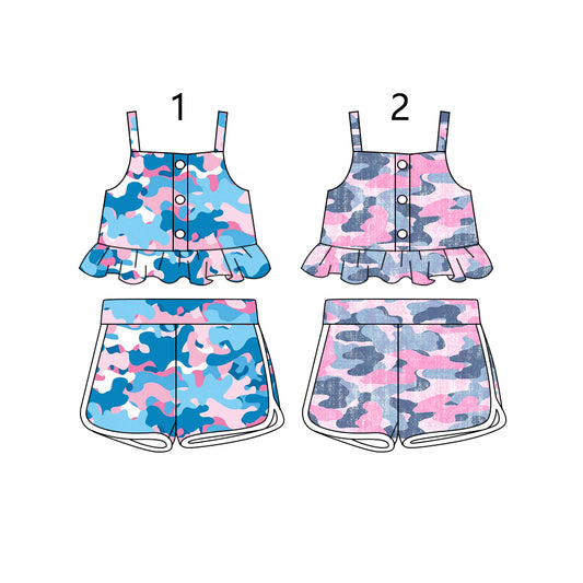 Baby Girls Grey Pink Camo Straps Top Shorts Clothes Sets