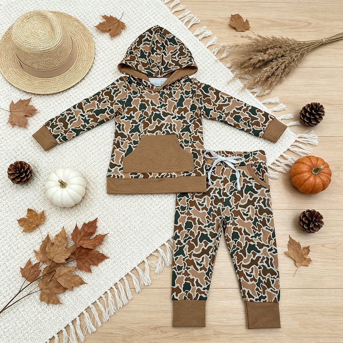 RTS NO MOQ （In stock） BLP1509 milk silk Baby Boys Khaki Camo Pocket Hoodie Jogger Pants Hunting Clothes Set