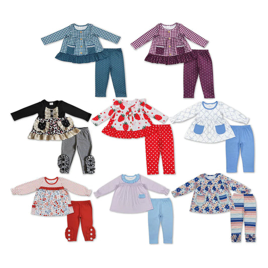 10.2 RTS Sibling Baby Girls Fall Flowers Leopard Pocket Button Tunic Legging Pants Clothing Sets