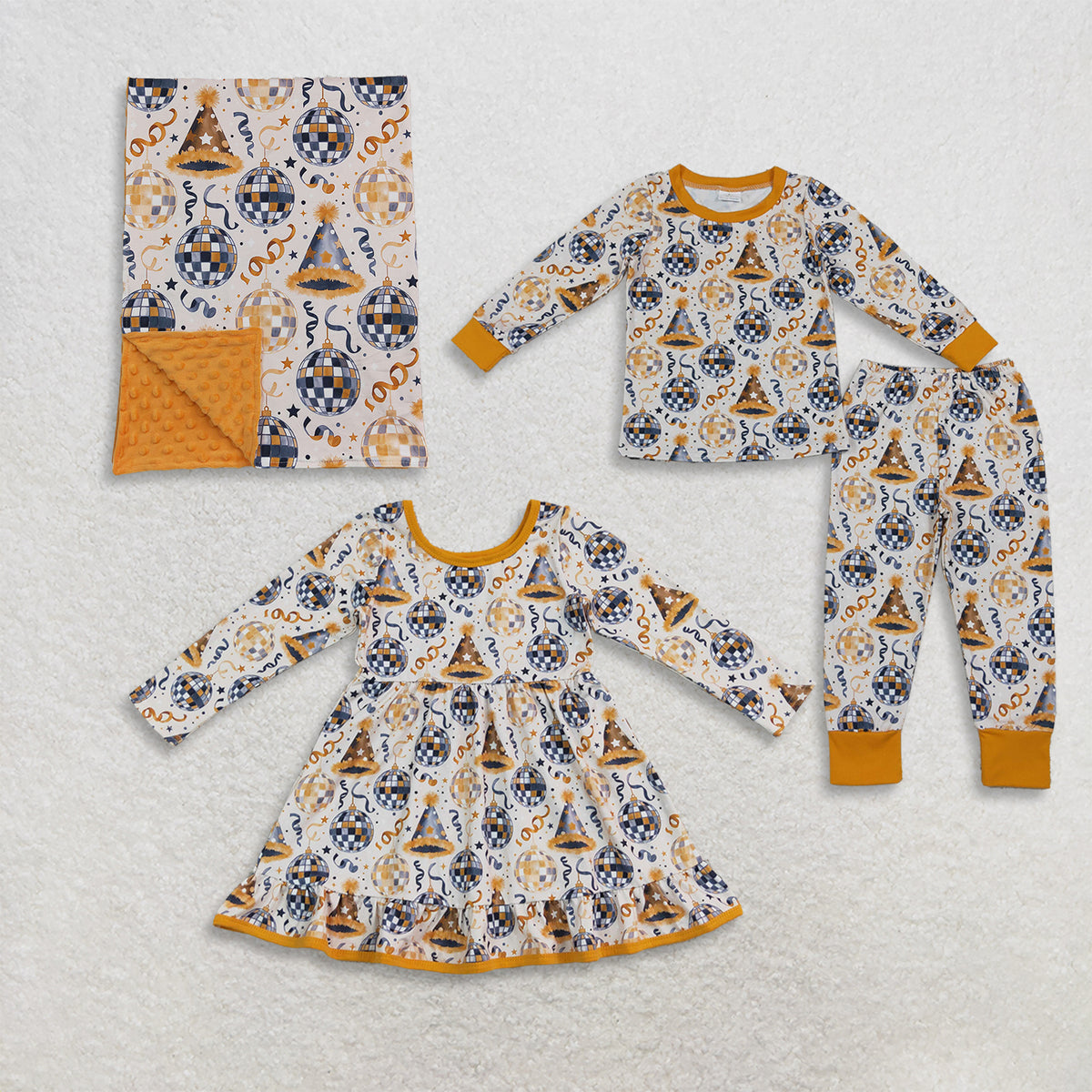 RTS NO MOQ Sibling milk silk Baby Girls Boys Stars Lights Top Pant Happy New Year Pajamas Sets Dress And blanket
