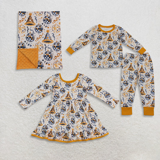 RTS NO MOQ Sibling milk silk Baby Girls Boys Stars Lights Top Pant Happy New Year Pajamas Sets Dress And blanket