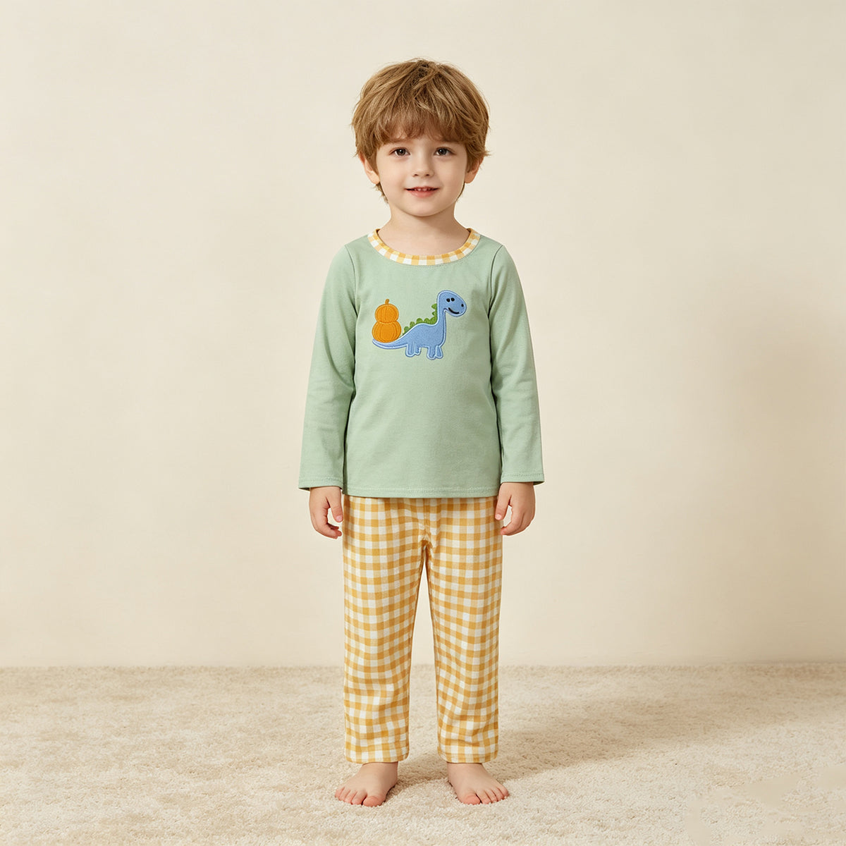 RTS NO MOQ （In stock）BLP1515 milk silk BLP1513 Embroidery Pumpkin Dinosaurs Baby Boys Top Checked Pants Fall Clothes Set