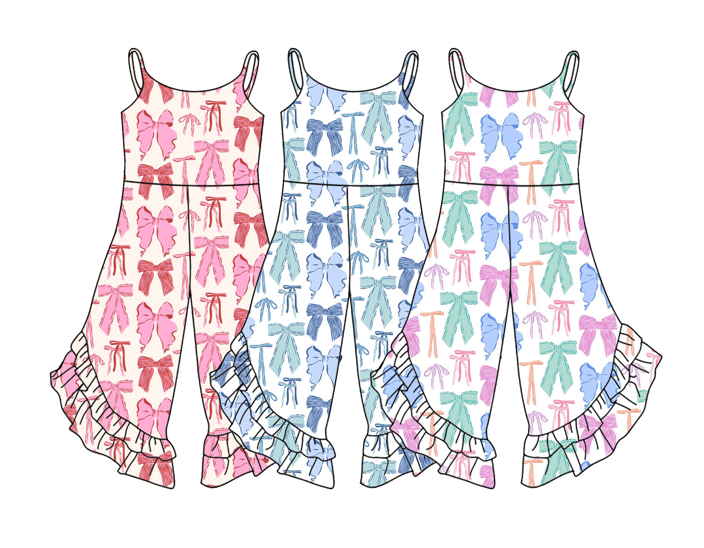 Light Blue Straps Bows and Ruffles Jumpsuit Set for Toddler Girls