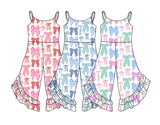 Light Blue Straps Bows and Ruffles Jumpsuit Set for Toddler Girls