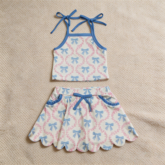 GSD3727 RTS NO MOQ （In stock）Light blue straps bow top skirt kids girls active outfits