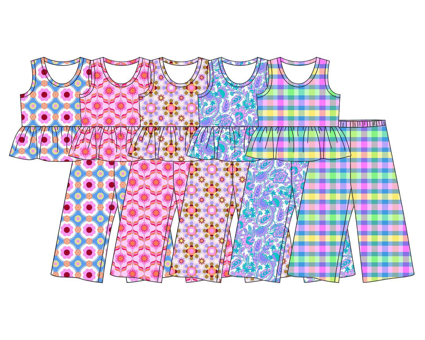5.9 Pre order No Moq  Baby Girls Colorful Flowers  Tunic Flare Pants Clothes Set