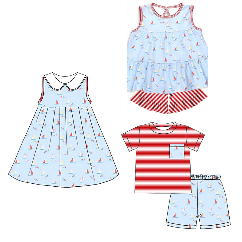 4.12 pre order Baby Boys Summer Red Striped Top Sailboat Shorts Set