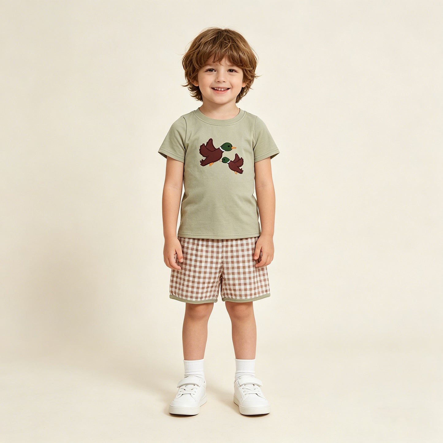 BSSO1867 RTS NO MOQ （In stock ）Short sleeves duck embroidery top plaid shorts boys outfits