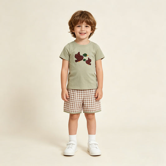 BSSO1867 RTS NO MOQ （In stock ）Short sleeves duck embroidery top plaid shorts boys outfits