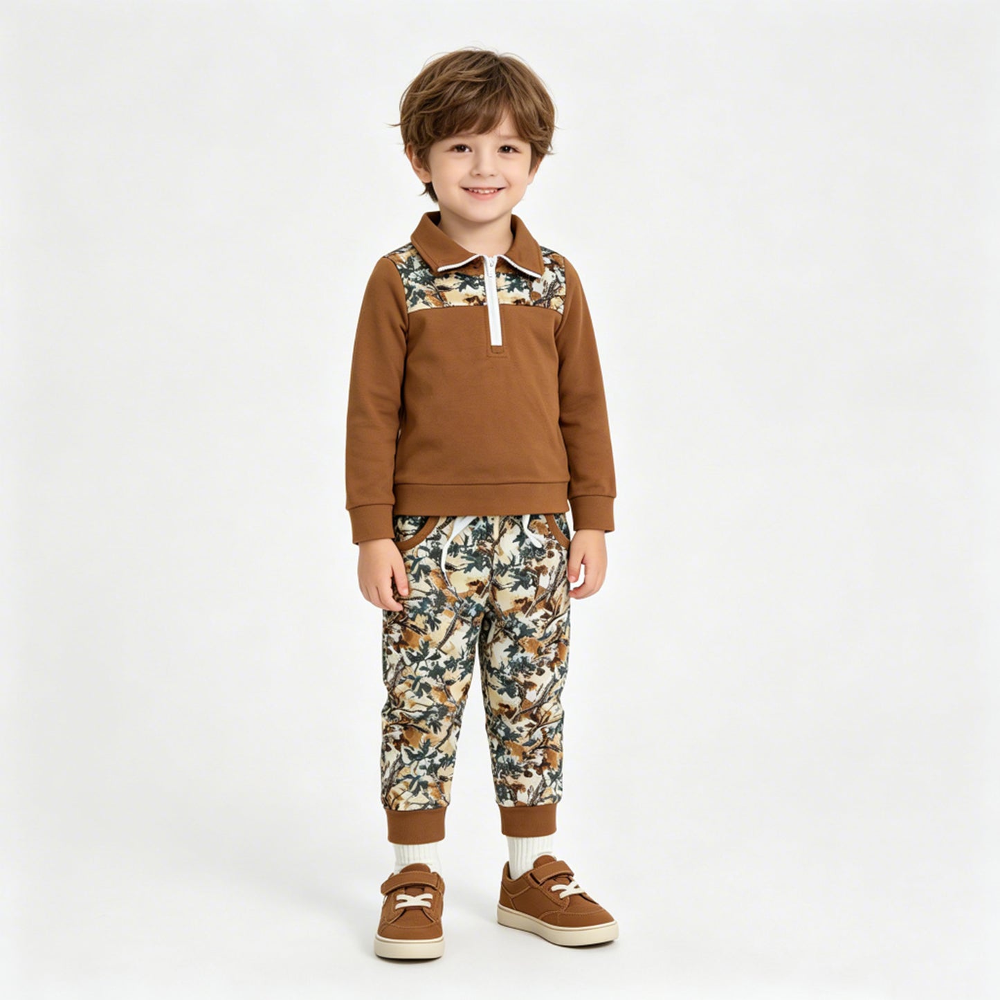BLP1447 RTS NO MOQ （In stock）milk silk  Baby Boys Long Sleeve Camo Zip Pullover Pockets Jogger Hunting Clothes Sets