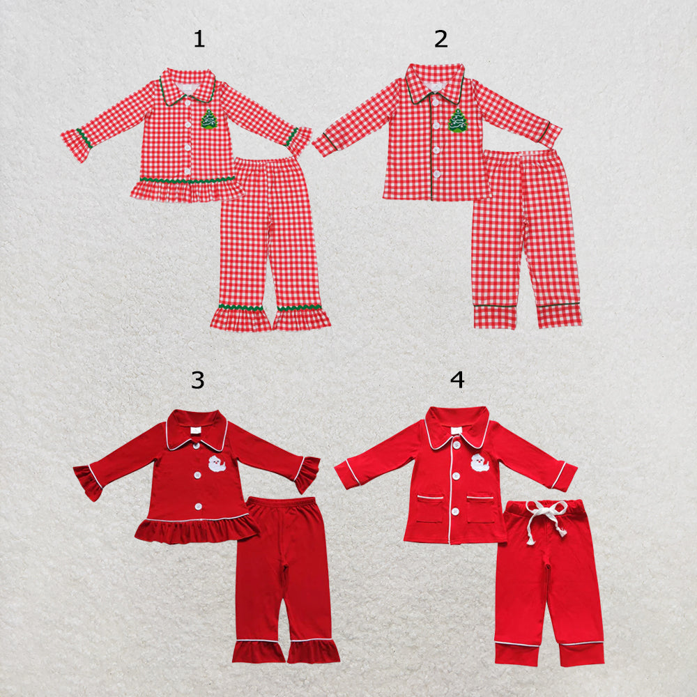 RTS Sibling Baby Kids Embroidery Santa Trees Button Top Pants Christmas Pajamas Sets