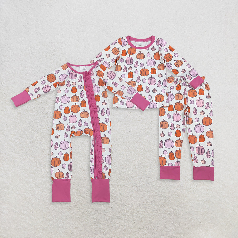 RTS Sibling Baby Girls Winter Outfits Kids Girls Pink Long Sleeve Pumpkin Print Pajamas Rompers Fall Season Sleepwear