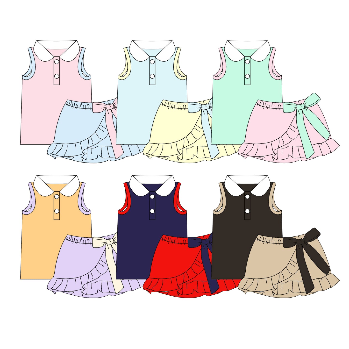 5.9 Pre order No Moq  Baby Girls Solid Color Sleeveless Top And Skirt With Bow Set